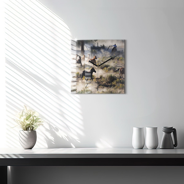 Square wall clock A herd of rushing horses