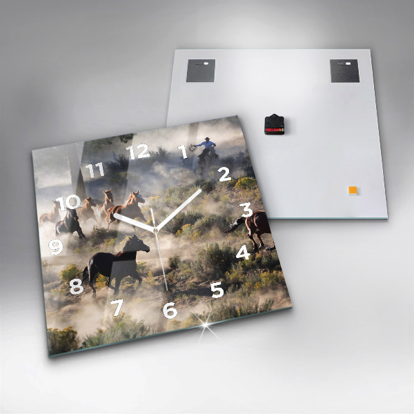 Square wall clock A herd of rushing horses