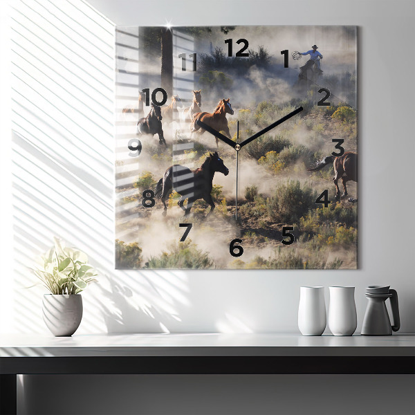 Square wall clock A herd of rushing horses