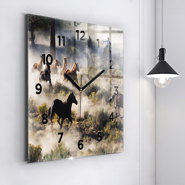 Square wall clock A herd of rushing horses