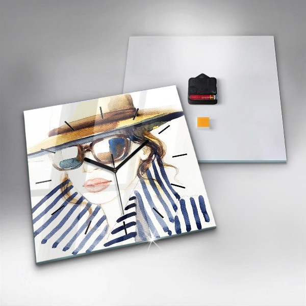 Square wall clock Face with glasses and hat