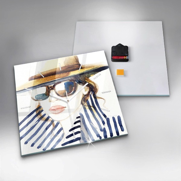 Square wall clock Face with glasses and hat