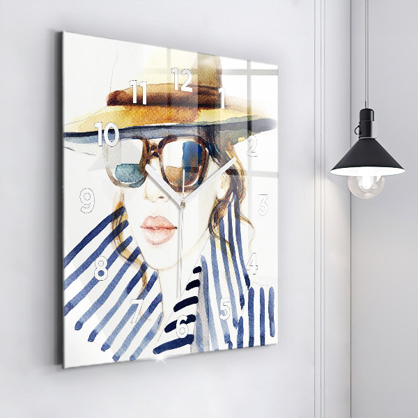 Square wall clock Face with glasses and hat