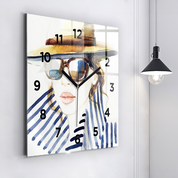 Square wall clock Face with glasses and hat