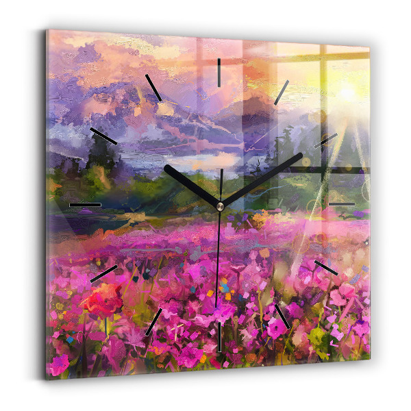 Square wall clock Meadow in the sunset
