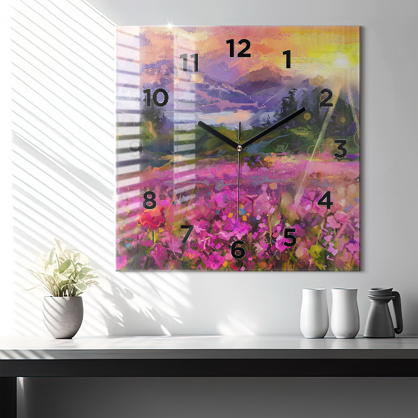 Square wall clock Meadow in the sunset