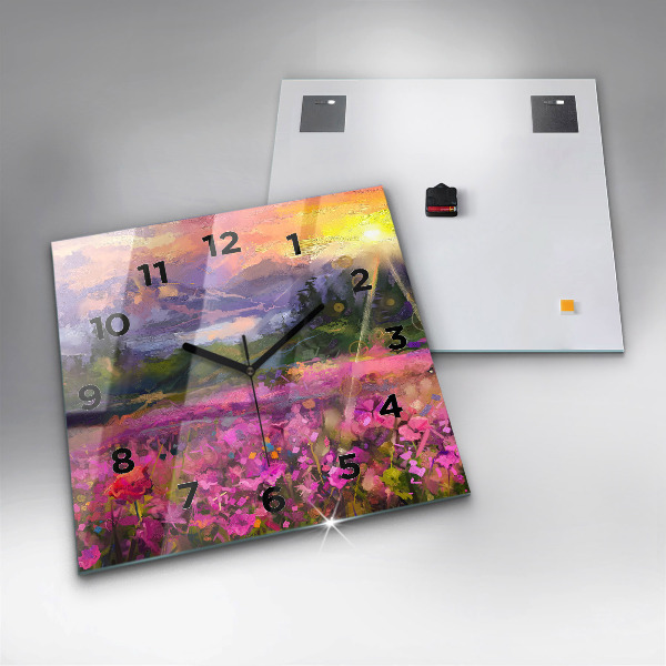 Square wall clock Meadow in the sunset
