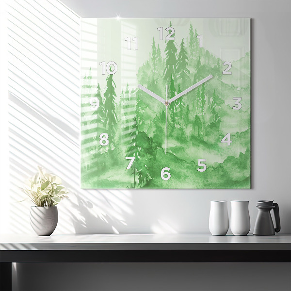 Square wall clock Painting green forest