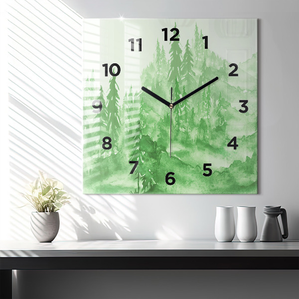 Square wall clock Painting green forest