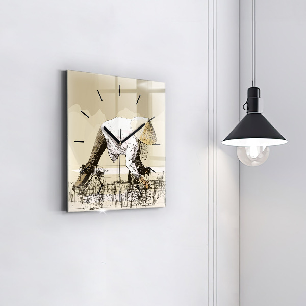 Square wall clock Woman picking rice
