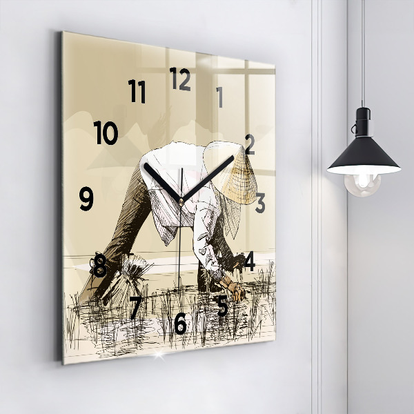 Square wall clock Woman picking rice
