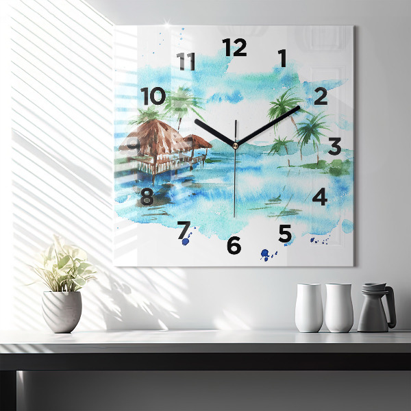 Square wall clock Picture of a deserted island