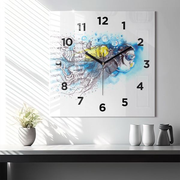 Square wall clock Underwater fish life