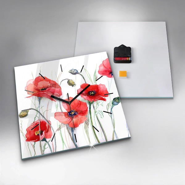 Square wall clock Painted Red Poppies