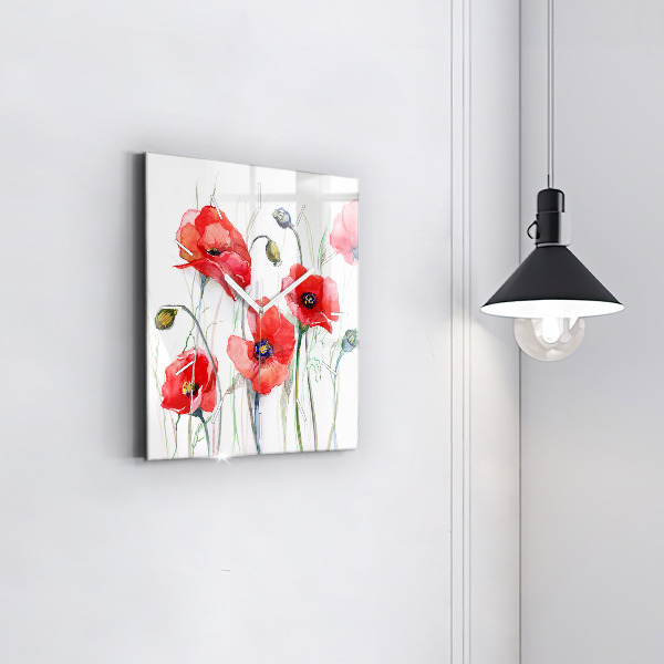 Square wall clock Painted Red Poppies