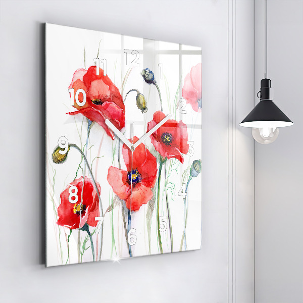 Square wall clock Painted Red Poppies