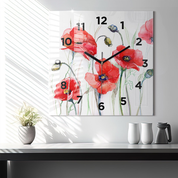 Square wall clock Painted Red Poppies
