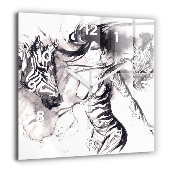 Square wall clock Woman and zebras