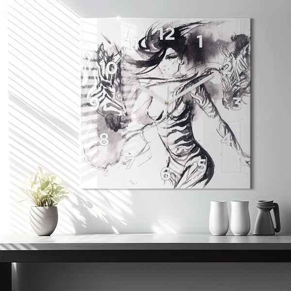 Square wall clock Woman and zebras