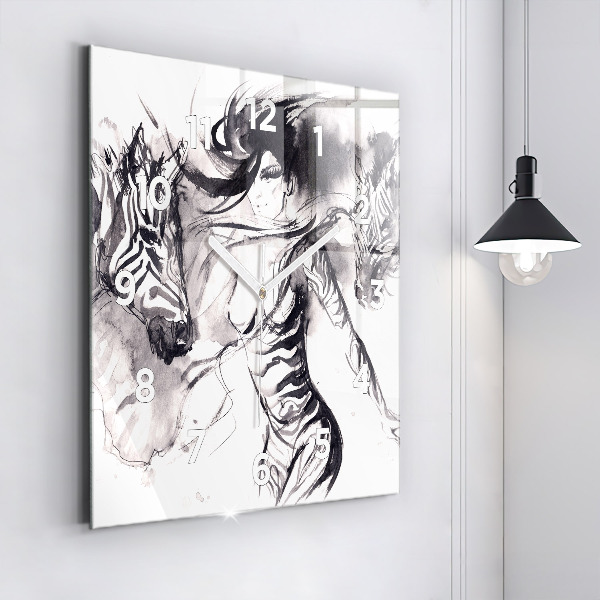 Square wall clock Woman and zebras