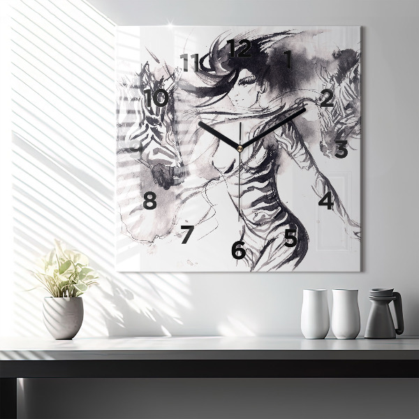 Square wall clock Woman and zebras