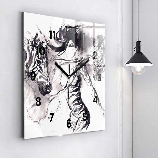 Square wall clock Woman and zebras