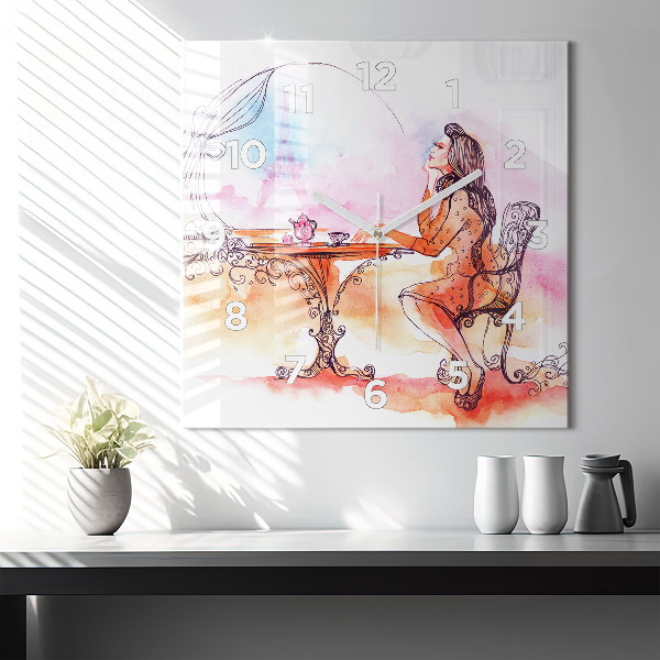 Square wall clock Woman drinking tea