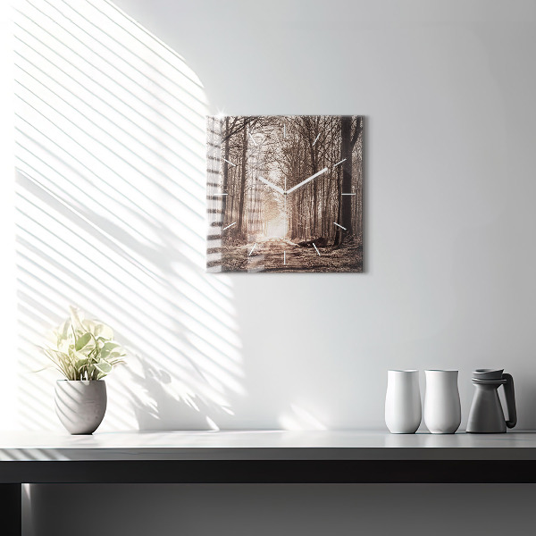 Square wall clock Forest path in sepia