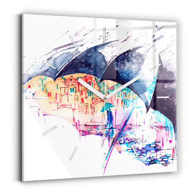 Square wall clock Rain umbrella and city