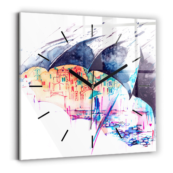 Square wall clock Rain umbrella and city