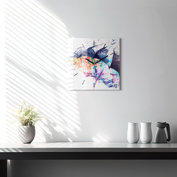 Square wall clock Rain umbrella and city
