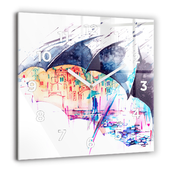 Square wall clock Rain umbrella and city