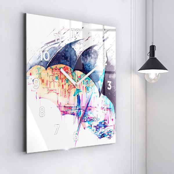 Square wall clock Rain umbrella and city