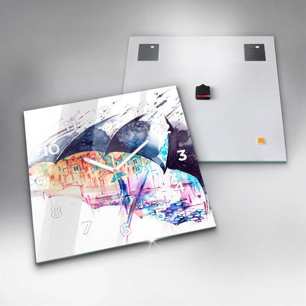 Square wall clock Rain umbrella and city