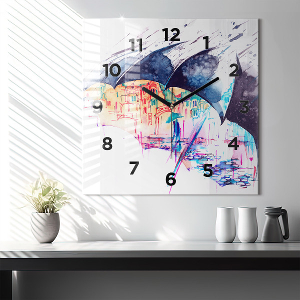 Square wall clock Rain umbrella and city