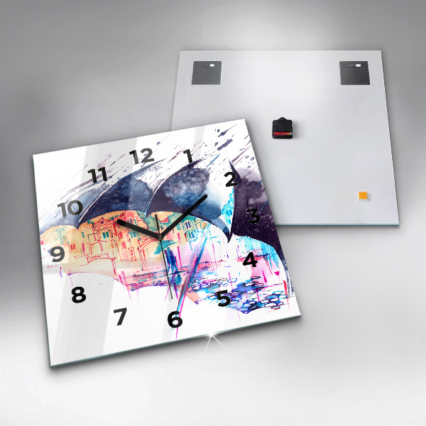 Square wall clock Rain umbrella and city