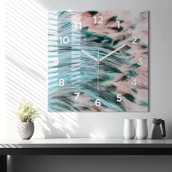 Square wall clock Colorful feathers