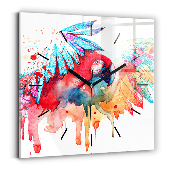 Square wall clock Colorful red parrot