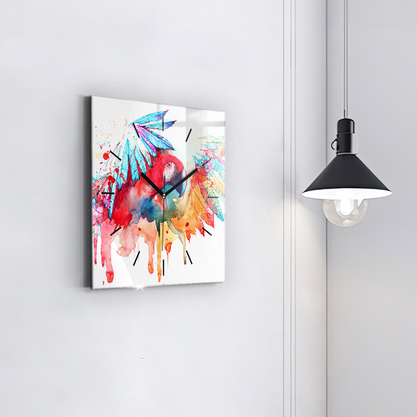 Square wall clock Colorful red parrot