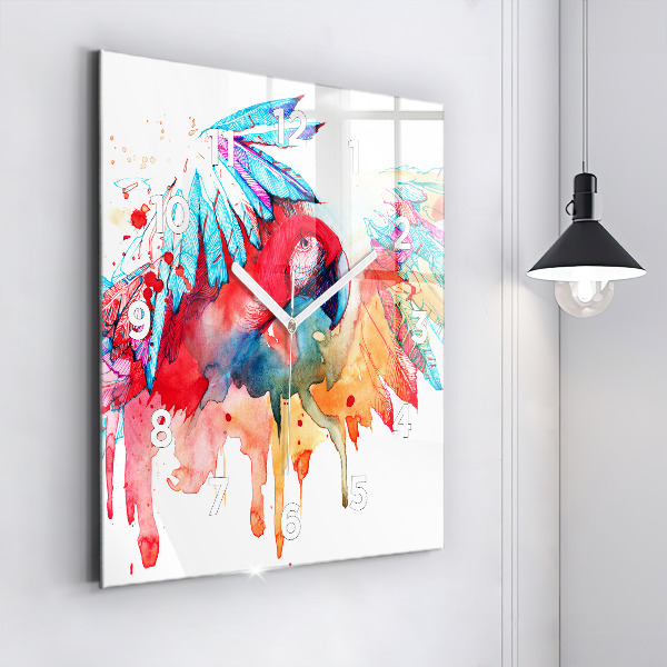 Square wall clock Colorful red parrot