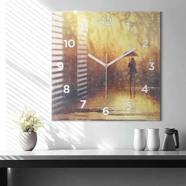 Square wall clock woman with umbrella