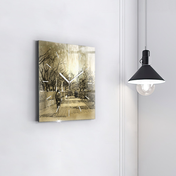 Square wall clock Park and trees in sepia