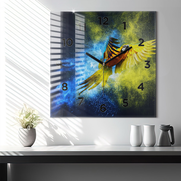 Square wall clock Colorful parrot