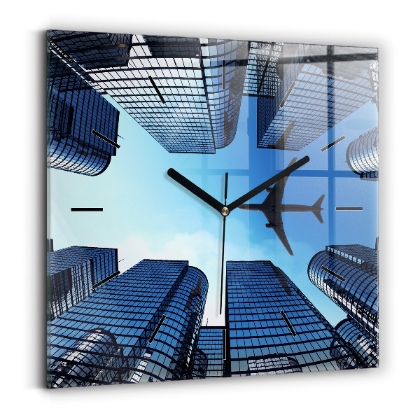 Square wall clock Airplane over buildings