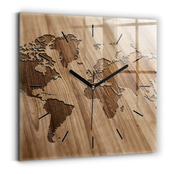 Square wall clock World map on wood