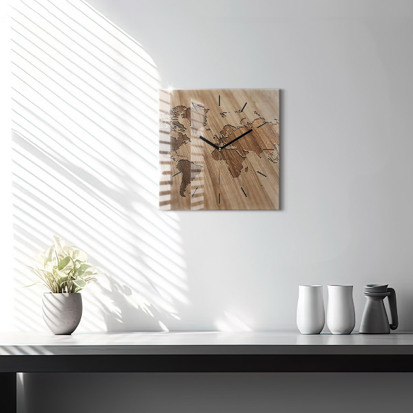 Square wall clock World map on wood