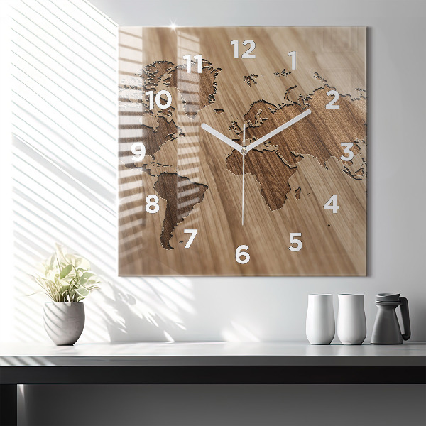Square wall clock World map on wood