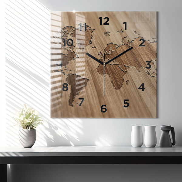 Square wall clock World map on wood