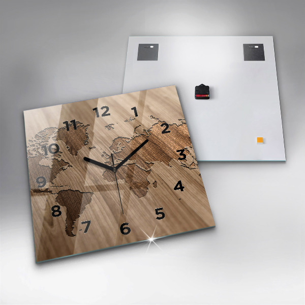 Square wall clock World map on wood