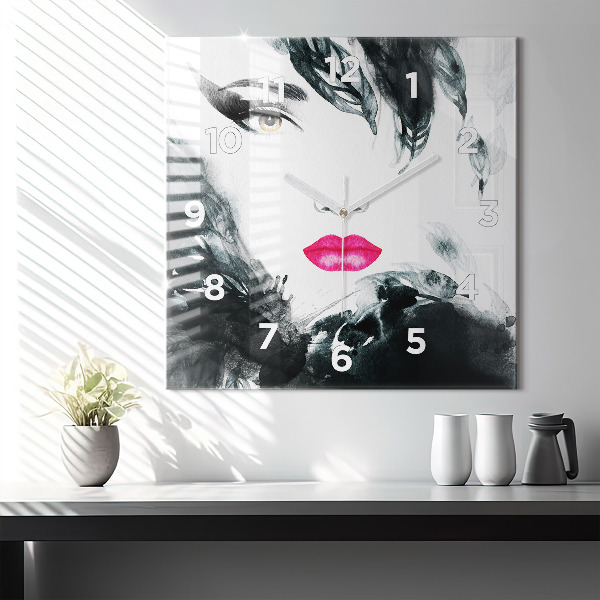 Square wall clock Portrait of a woman red lips